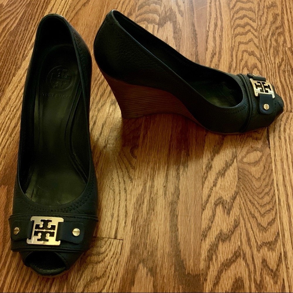 Tory Burch Black Peep-Toe Wedges - Size 8